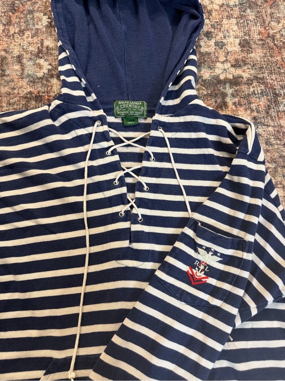 Vintage Ralph Lauren Country Medium Navy Cream Striped Lace Up Nautical Pullover